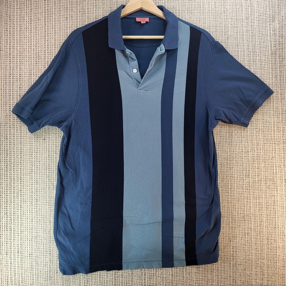 Pink Shirtmaker London Polo Shirt Mens Large Blue Vertical Stripe Short Sleeve‎